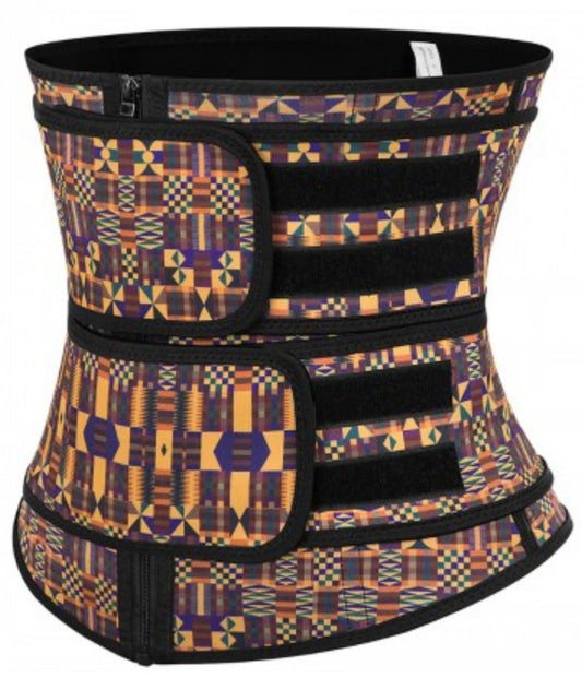 African print double belt latex waist trainer with zipper African prin