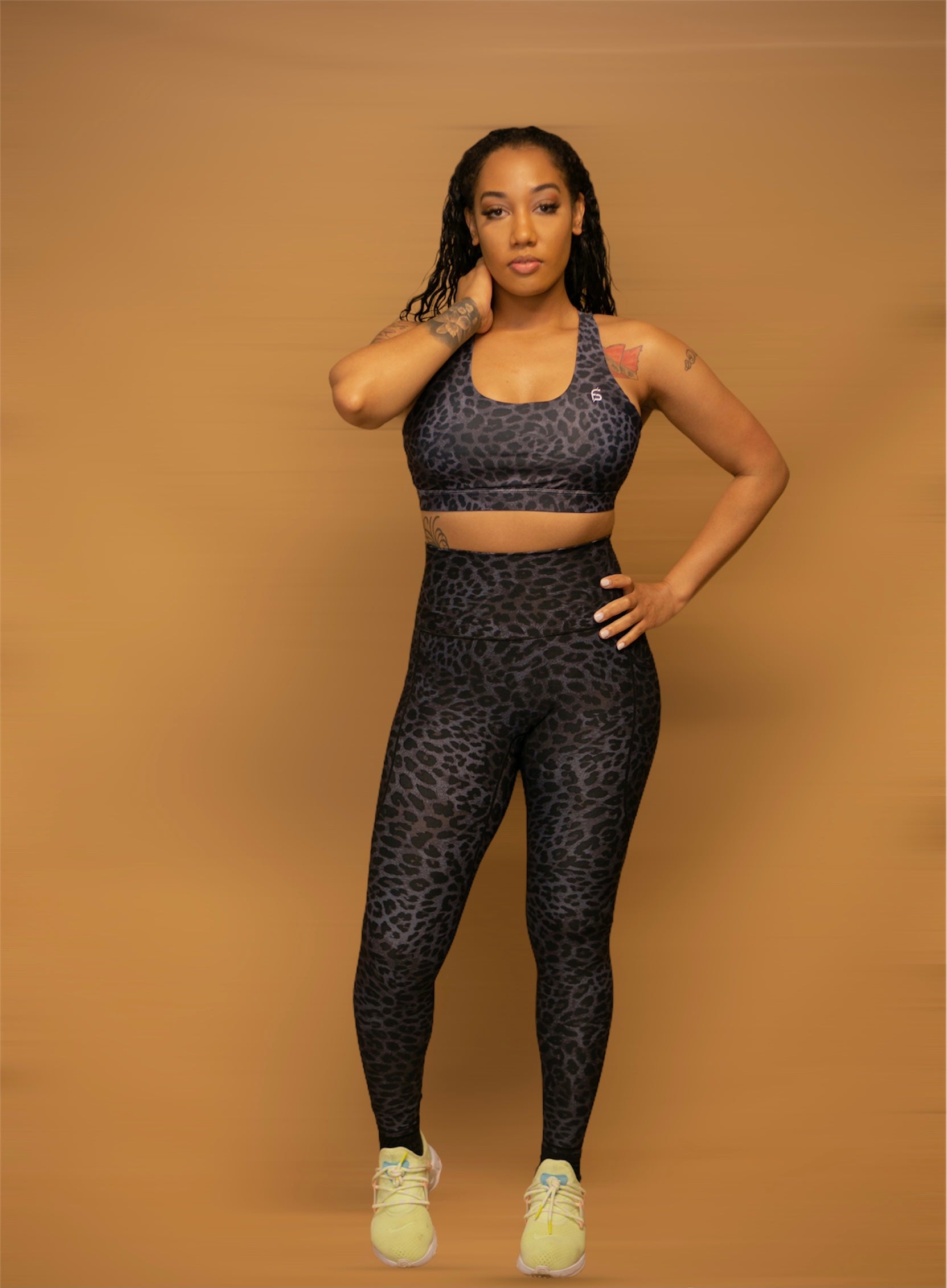 Cheetah Sport Set 25% Spandex  75% Polyester  Side pockets  cross stra